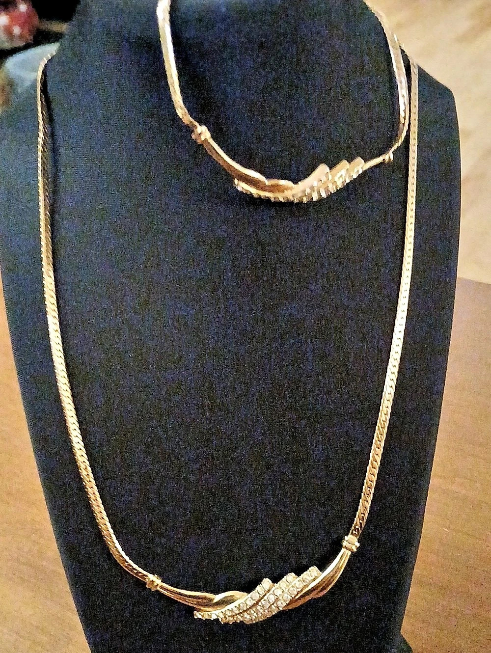 Vintage Avon Gold Tone, Clear Rhinestone Herringbone Style Necklace & Bracelet